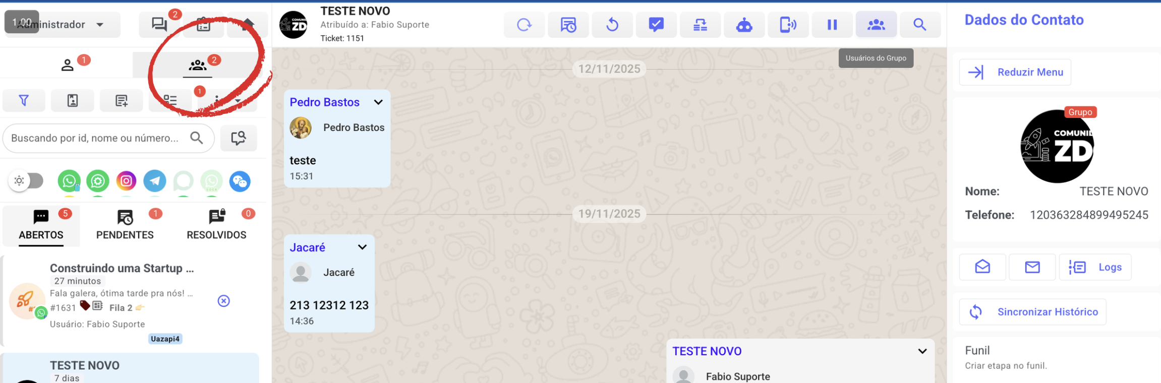 Visualização de grupos — Tela de Atendimento