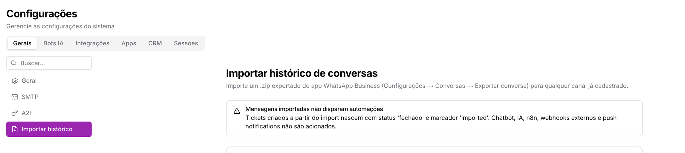 Importar histórico de conversas — Configurações Gerais