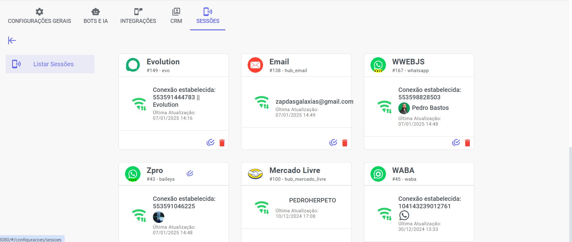 Sessões — Configurações Painel Admin
