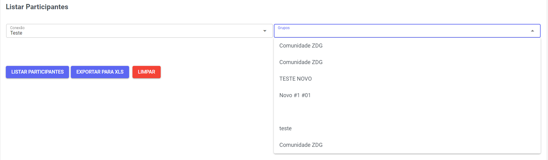 Grupos e Participantes — Gestão de grupos