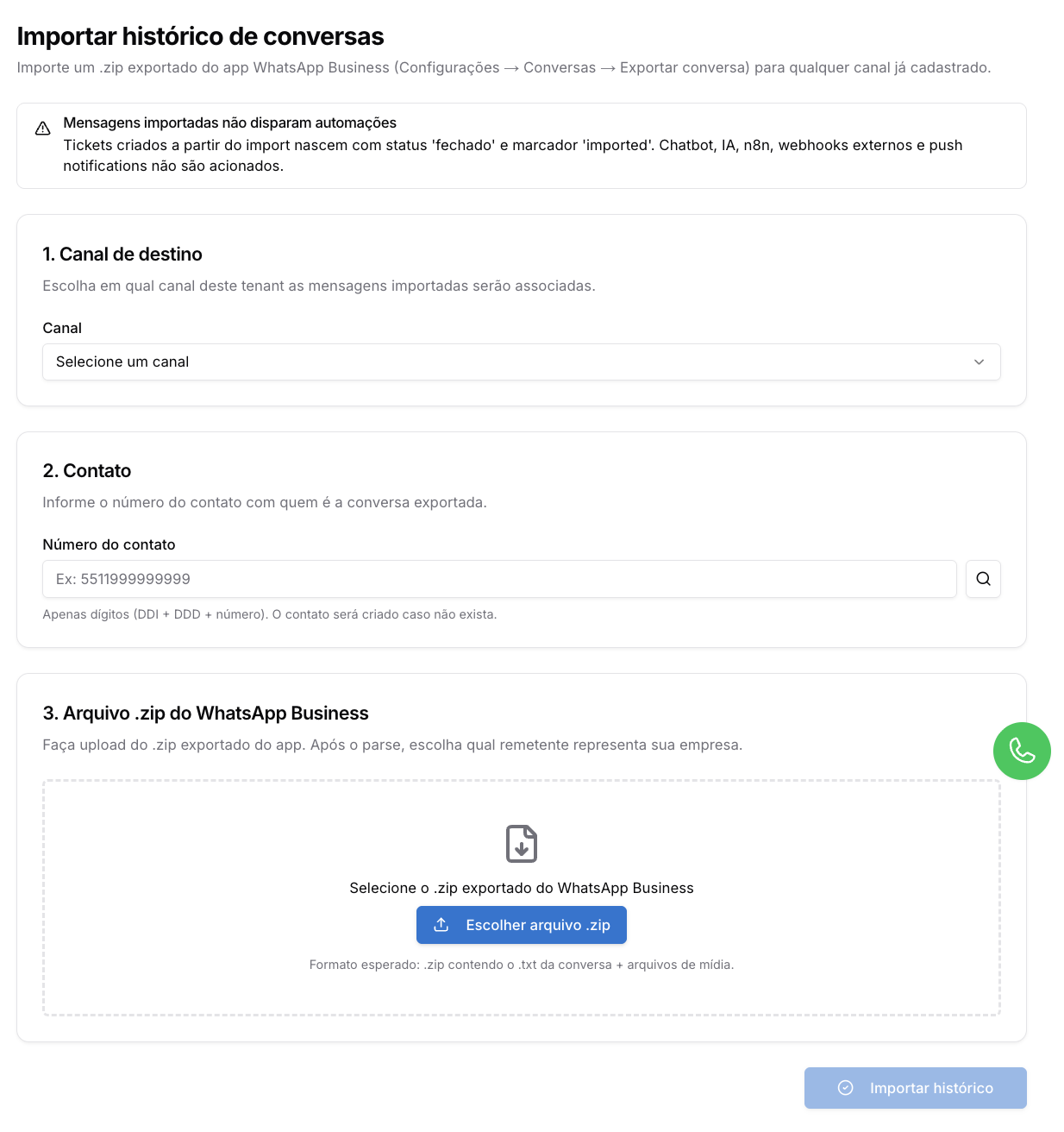 Importar histórico de conversas — Configurações Gerais