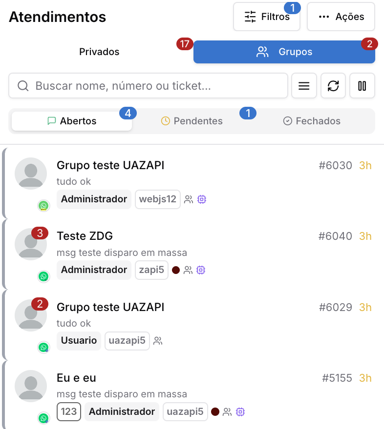 Menu dos atendimentos — Tela de Atendimento