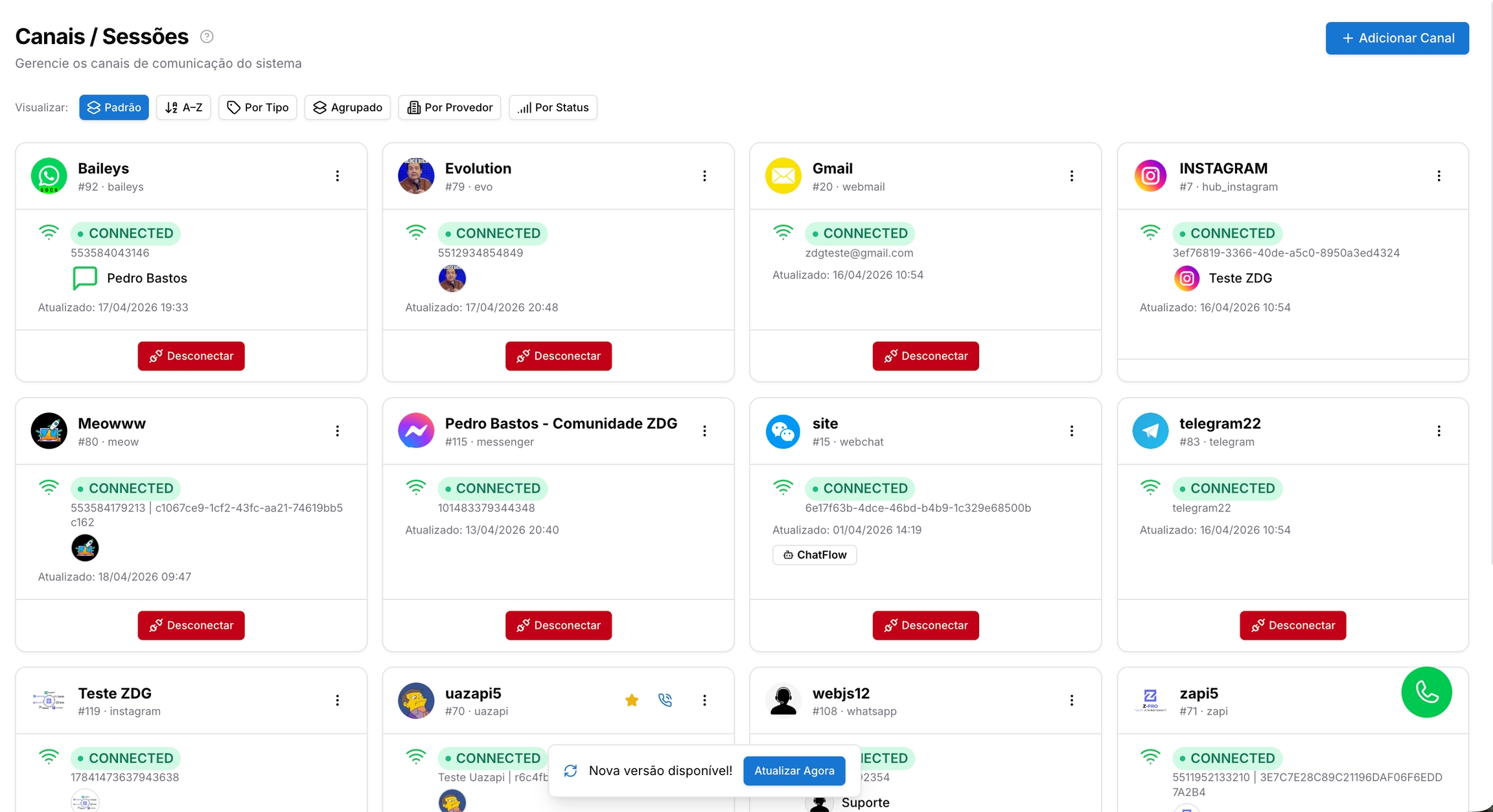 Canais de comunicação — Administração - Painel Admin