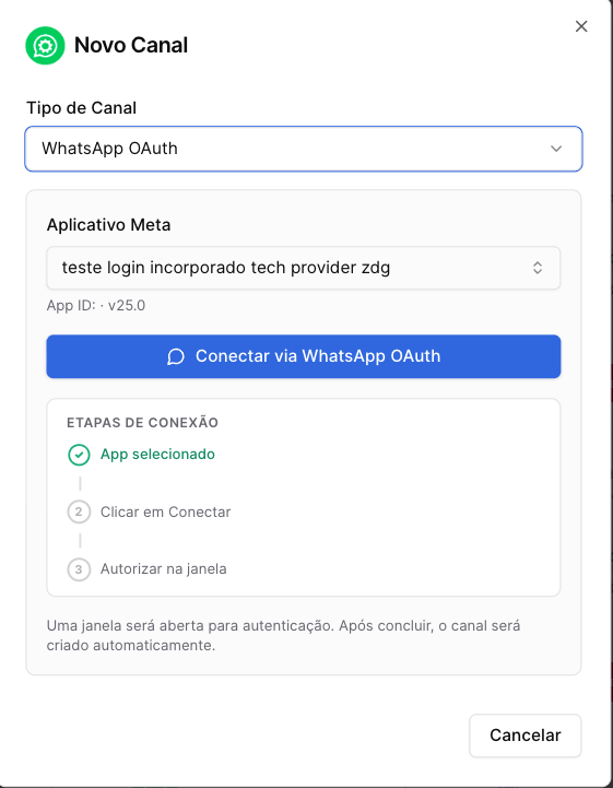WhatsApp Oficial OAuth (login) — Canais de comunicação