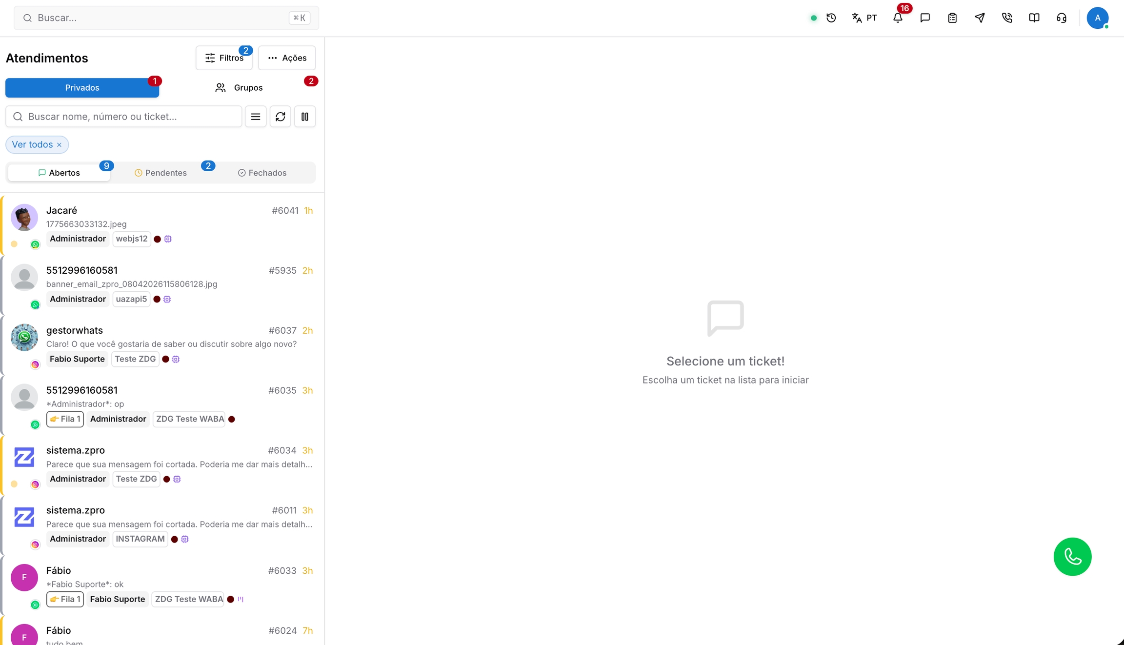 Menu dos atendimentos — Tela de Atendimento