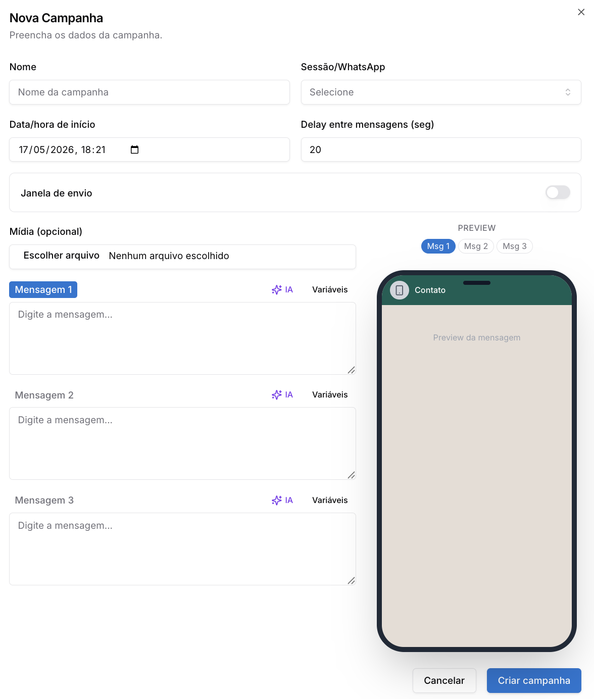 Campanhas (Disparo em Massa) — Comunicação e marketing