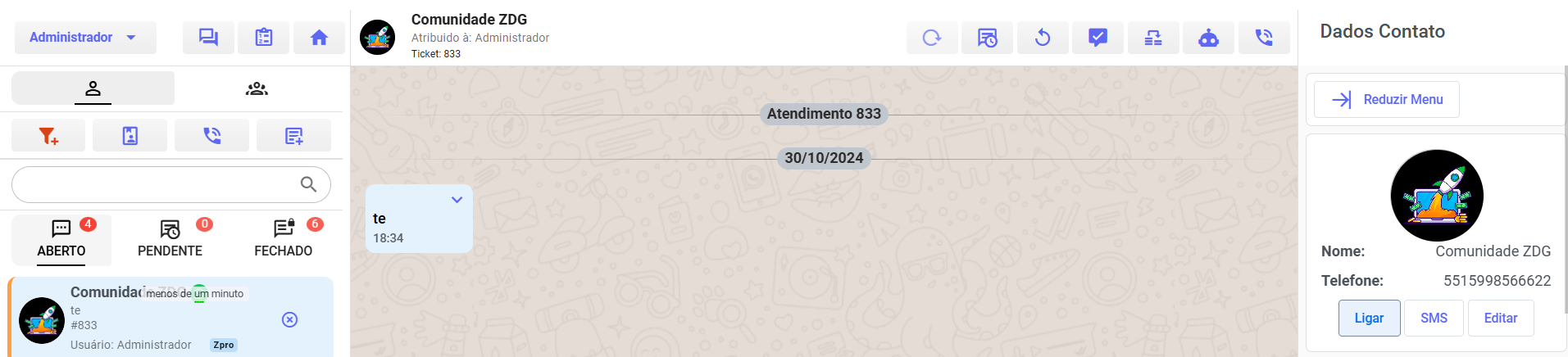 Atendimentos via Ligação (Wavoip) — Tela de Atendimento