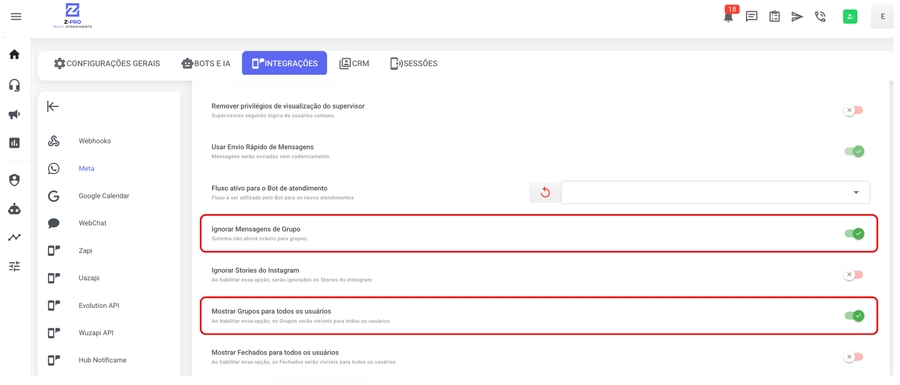 Visualização de grupos — Tela de Atendimento