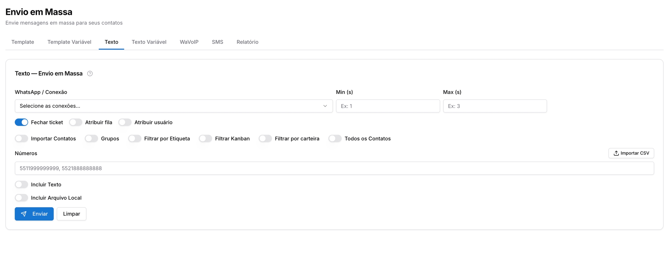Envio em massa - Detalhamento das Abas — Envio em Massa