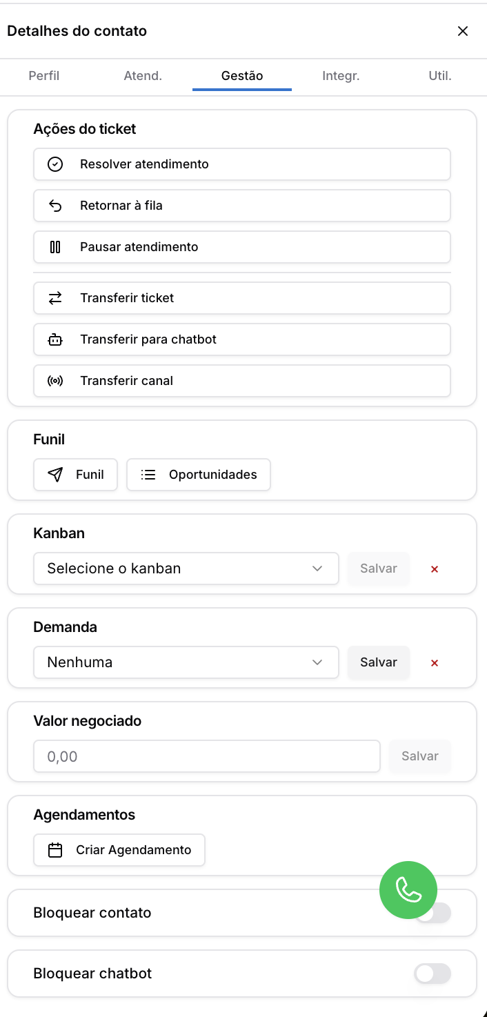 Detalhes do contato — Tela de Atendimento