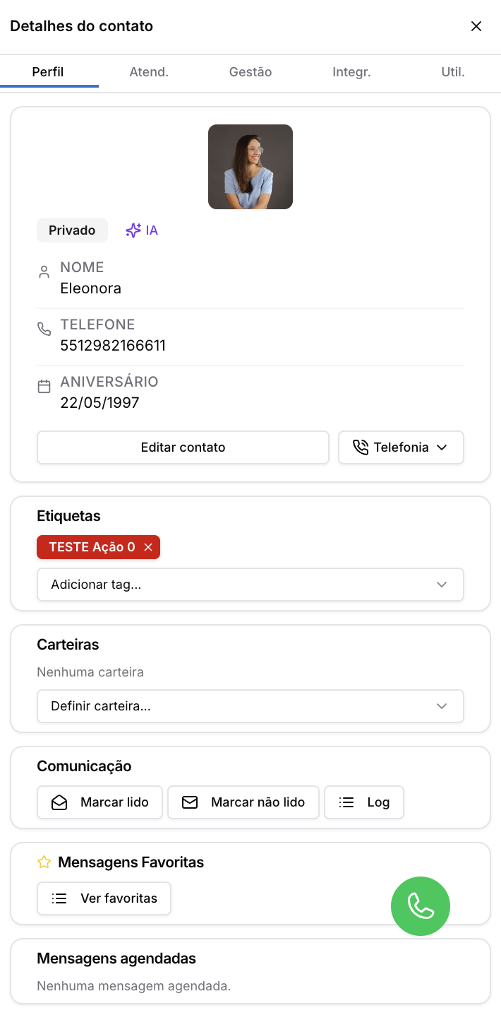 Detalhes do contato — Tela de Atendimento